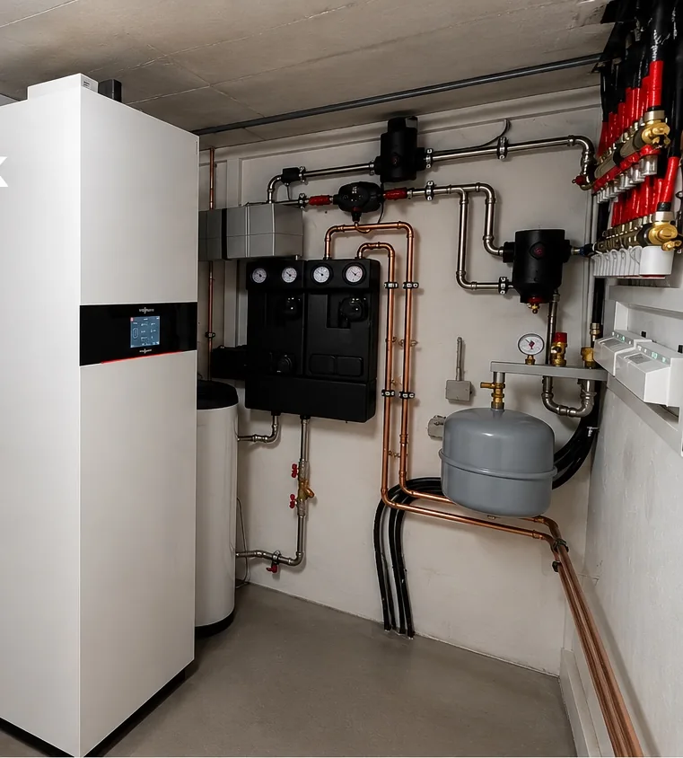 Beispiel für einen modernen Heizungsraum mit Innengerät und Rohrinstallation
